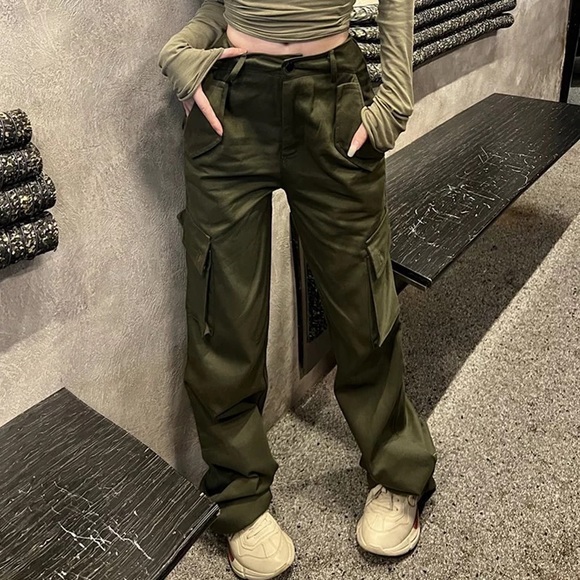 NWT Green cargo pants wide leg with pockets XS S M - Picture 11 of 12